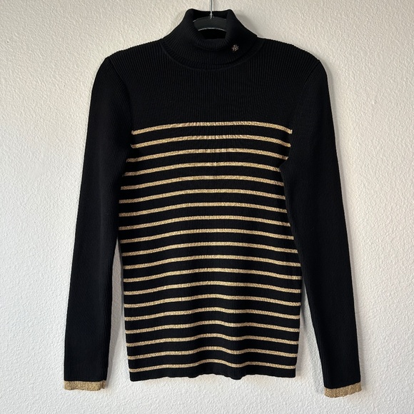 Ralph Lauren women size XL turtleneck Rib sweater black gold stripe cotton - Picture 1 of 11